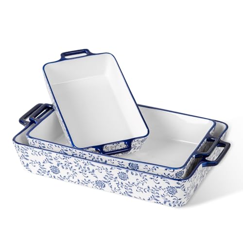 Cerkik Ceramic Bakeware Set - Casserole Dish Baking Dishes for Oven - Rectangular Lasagna Pans with Handles for Kitchen Cooking - Microwave & Dishwasher Safe - Set of 3 (15.1''/13.6''/9.9'') - Blue
