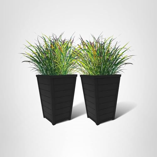 Keter Set of 2 Resin Modern Outdoor 22 Inch Tall Large Flower Pots, Tapered Wood Look Planters for Outdoor Plants and Front Porch Decor, Graphite
