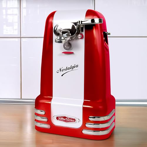 Nostalgia Retro Electric Can Opener for Kitchen with Magnetic Lid Remover, Knife Sharpener, and Soda or Beer Bottle Opener, Red