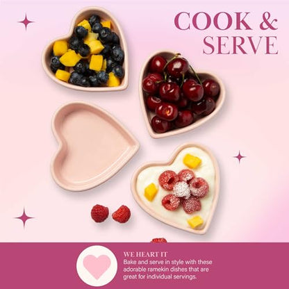 Paris Hilton Heart Shaped Ramekin Set, Mini Ceramic Ramekins, Oven Safe Baking Dishes, Dishwasher Safe, Stoneware Made without PFOA, 4-Piece Set, Pink