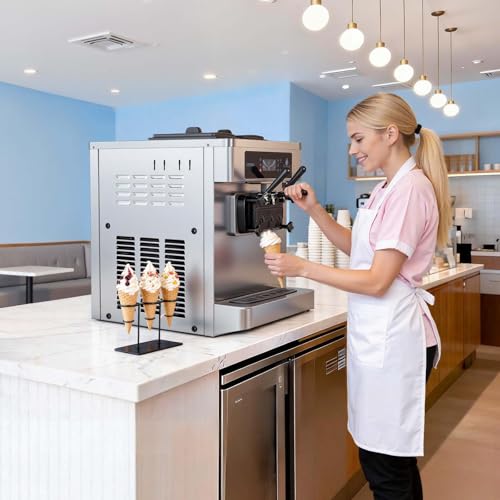 VEVOR Commercial Ice Cream Machine, 20-28L/H Yield, 2200W 3-Flavor Countertop Soft Serve Ice Cream Maker with 2 x 6L Hoppers & Built-In Puffing Pump, Pre-Cooling Low-Mix Alert for Snack Dessert Shops