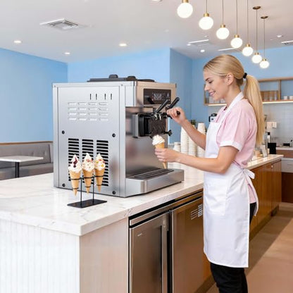 VEVOR Commercial Ice Cream Machine, 20-28L/H Yield, 2200W 3-Flavor Countertop Soft Serve Ice Cream Maker with 2 x 6L Hoppers & Built-In Puffing Pump, Pre-Cooling Low-Mix Alert for Snack Dessert Shops