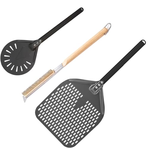 Pizza Oven Accessories Kit w/Pizza Oven Brush & Stone Scraper, 8 inch Pizza Turning Peel,12 Inch Perforated Pizza Peel - Tools & Supplies Set - Compatible with Outdoor Ovens