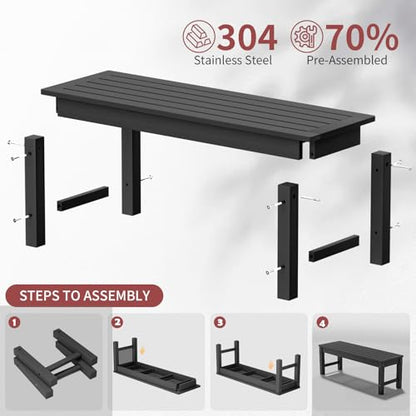 Psilvam 47" Outdoor Bench Weatherproof, All Weather Polylumber 2-Person Backless Bench,Garden Bench with 700Lbs Weight Capacity, Patio Bench for Porch,Garden and Park (Black)