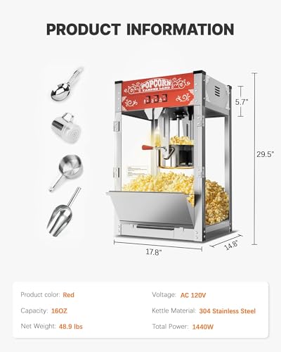 ELOMBR 16 Oz Commercial Popcorn Machine, 1440 W, Movie Theater Popcorn Machine, Red Tabletop Pop Corn Machine with 3-Switch Control & Steel Frame Tempered Glass Doors