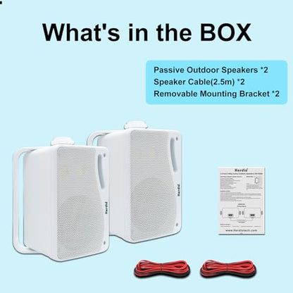 Herdio 3.5 Inch Passive Outdoor Speakers Wired Waterproof, 200W 3 Way Premium Mountable Wall Mount Speakers with Superior Sound, All-Weather Durability, for Patio Marine Boat Garage Indoor(White Pair)