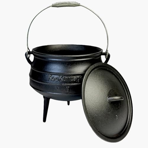 8-Quart Pre-Seasoned Cast Iron Cauldron - African Potjie Pot with Lid - 3-Legged Pot for Even Heat Distribution - Outdoor Cast Iron Dutch Oven Cookware for Campfire Cooking and Boiling