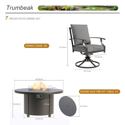 Trumbeak 7 Piece Metal Outdoor Patio Furniture Set with 48"/55000 BTU Round Fire Pit Table,Outdoor Dining Table Set 6 Swivel Chairs No-Slip Cushions and Waterproof Covers,Grey