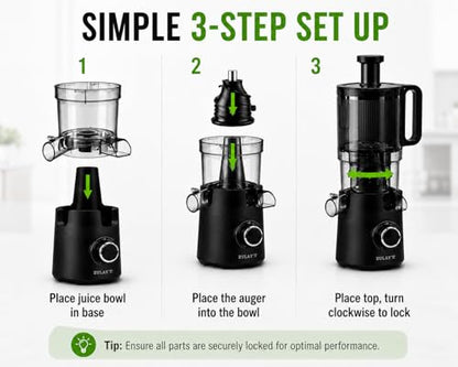 Zulay Kitchen Juicer Machine with 5" Wide Feed Chute, Cold Press Slow Masticating Juicer for Whole Fruits & Vegetables, Easy to Clean Stainless Steel Blades, High Juice Yield - Black