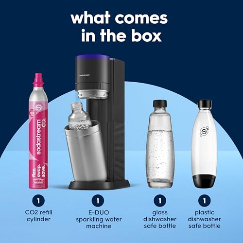SodaStream E-Duo Sparkling Water Maker (Black) with 60L CO2, 1 BPA- Free Carbonating Bottle and (1)1L Glass Bottle