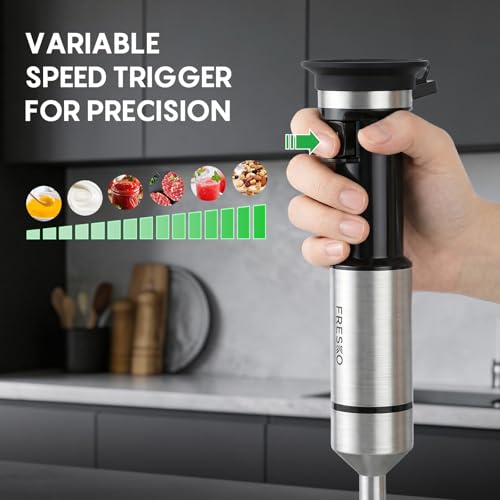 FRESKO Immersion Blender Handheld, Variable Speed Trigger Stick Blender with Anti-Scratch Stainless Steel Shaft, 700ml(24oz） BPA-Free Beaker, Hand Mixer for Smoothies, Baby Food, Soups & Sauces