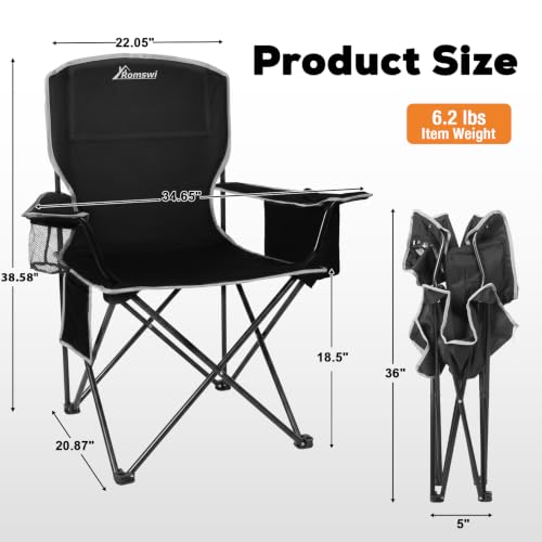 Romswi Lightweight 2Pcs Camping Chairs for Adults, Folding Lawn Chair with 4-Can Cooler Bag, Cup Holder,Collapsible Portable Outdoor Chair for Tailgating, Beach, Fishing,Black