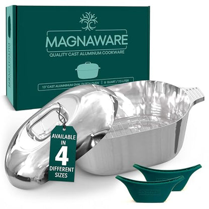 MAGNAWARE Cast Aluminum Oval Dutch Oven with Lid — 8 QT Heavy Duty Roaster Pan with Rack & Silicone Cover Dual Handles — Cajun Cookware for Roasting, Baking, Cooking (13" Medium)