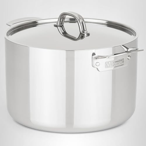 Viking 3-Ply Stainless Steel Stock Pot, 12 Quart Soup Cooking Pot with Lid, Kitchen Cookware, Dishwasher and Oven Safe, Induction Ready, Silver