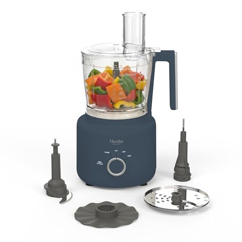 Martha Stewart Food Processor, 10-Cup Electric Chopper for Slicing, Shredding, Mincing and Puree, BPA-Free Twist & Lock Bowl, 3 Multipurpose Blades, Variable Speed Dial, Wide Feed Chute, Indigo Blue