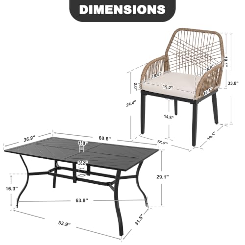 NUU GARDEN 7-Piece Patio Table and Chairs with Cushions, Outdoor Dining Set for 6, Rectangular Metal Table and Rattan Chairs with Umbrella Hole for Lawn Garden Backyard Deck, Brown