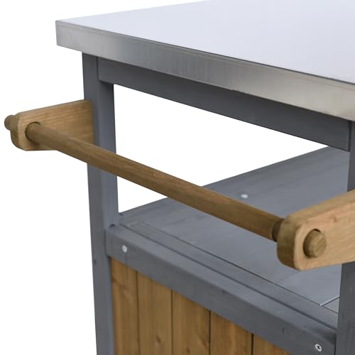 Christopher Knight Home Edsel Outdoor Bar Cart with Stainless Steel Top and Lockable Wheels, Solid Wood Outdoor Storage Cabinet, Kitchen Island Serving Cart for Poolside, Walnut Brown+Blue Gray