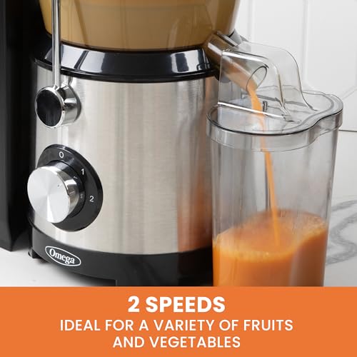 Omega Centrifugal Juicer with 3-Inch Wide Chute High Speed Extractor For Fruits and Vegetables, Features 2 Speeds Stainless Steel Filter and Large Pulp Container, 1000-Watts, Black