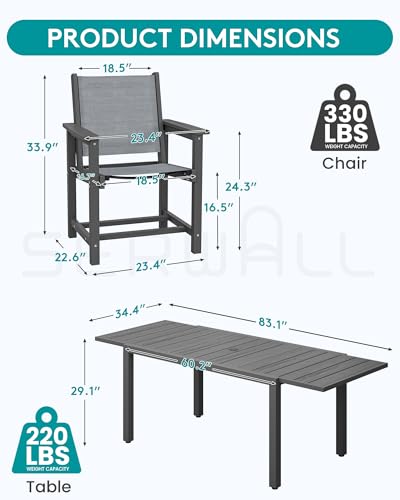 SERWALL 9-Piece Outdoor Dining Set, 60" - 83" Expandable Patio Dining Table with 8 Breathable Textilene Chairs, All Weather HDPE Patio Furniture Set, Grey