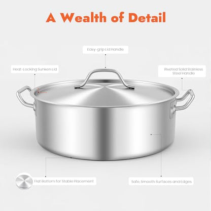 FUODIHEE 11Qt Stainless Steel Braisers with Lid, Commercial Stock Pot Brazier Saute Pan with Handles, All-purpose Soup Saute Pan for Hot Pot Stew, Dishwasher & Microwave Safe, 13inch