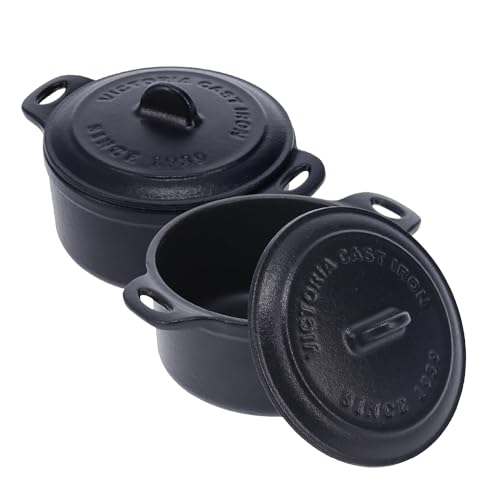 Victoria Pack of 2 Cast Iron Mini Cocottes, Preseasoned Mini Dutch Oven Set for Baking, Serving, and Individual Portions, Made in Colombia