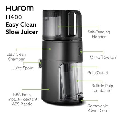 Hurom H400 Cold Press Juicer Machine, Award Winning Masticating Slow Juicer, Easy to Clean, Strainer & Hands Free with Self Feeding, Wide Mouth Hopper, Easy Assembly (Matte Black)