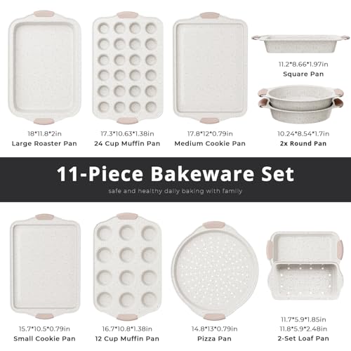 11-Piece Baking Pans Set Nonstick, Stackable Bakeware, Toxin-Free Baking Pans Set with Silicone Handles, Includes Cookie Sheets, Cake Pan, Loaf Pan, Pizza Pan, Muffin Pan, White&Khaki