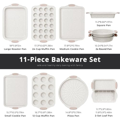 11-Piece Baking Pans Set Nonstick, Stackable Bakeware, Toxin-Free Baking Pans Set with Silicone Handles, Includes Cookie Sheets, Cake Pan, Loaf Pan, Pizza Pan, Muffin Pan, White&Khaki