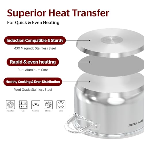 Sunhouse 8 Quart Stock Pot with Lid - 3-Ply Base Stainless Steel Cooking Pot - 8 QT Canning Dutch Oven Stock Pots - Oven Safe & Induction Cookware