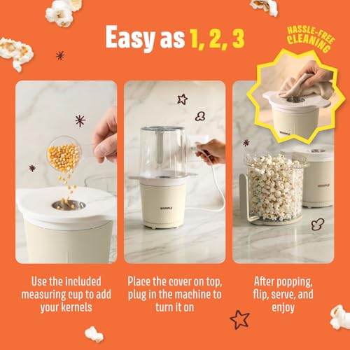 Wumple Air Popper Popcorn Machine - 10-Cup Air Pop Popcorn Maker with Measuring Cup - Hot Air Popped Oil-Free Compact Popcorn Popper - Movie Nights & Parties - Cream