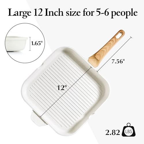 SENSARTE Nonstick Ceramic Grill Pan for Stove Tops, Square Grilling Pan with Pour Spouts, Non Toxic Durable Grill Skillet for All Stoves(Gas,Electric,Induction) PTFE,PFAS,PFOA Free, 12Inch (White)