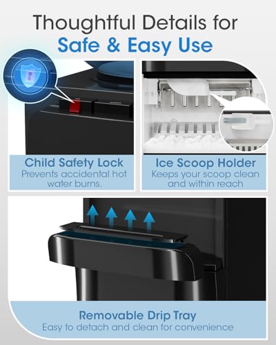 Manastin 4-in-1 Water Dispenser with Ice Maker, Hot & Cold & Room Temperature Top Loading Water Cooler with Fast Ice Making, Compatible with 3–5 Gallon Bottles, for Home and Office, Space Black