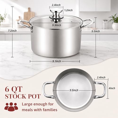 TeamFar 6 Quart Stock Pot, Stainless Steel Tri-Ply Cooking Pasta Pot with Tempered Glass Lid for Induction/Electric/Gas/Ceramic, Healthy & Sturdy, Double Riveted Handles & Dishwasher Safe