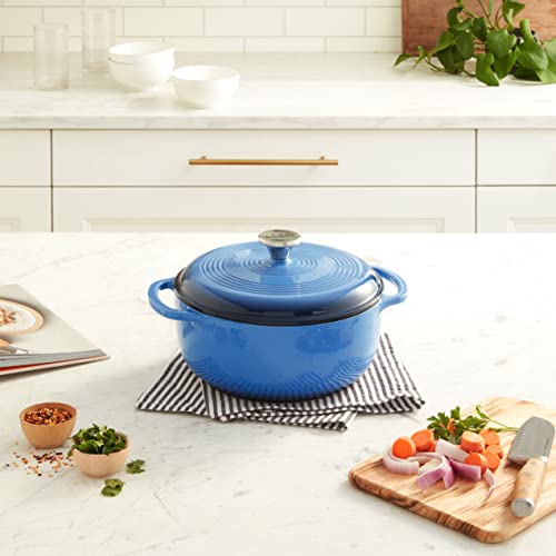 Lodge Essential Enamel Cast Iron Dutch Oven with Lid - 4.5 Quart - Oven-Safe Enamel Cookware up to 500° F - Heat-Retaining Braising & Roasting Pot - Non-Toxic Cookware - Caribbean Blue