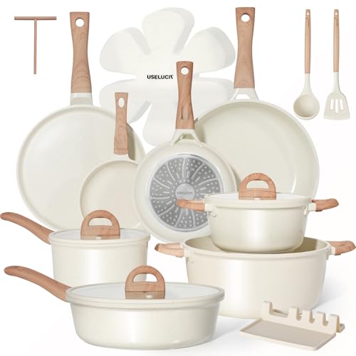 USELUCK Pots and Pans Set Non Stick Non-Toxic 22 Pcs Ceramic Cookware Sets Nonstick Kitchen Pot&Pan With Lid Cream White Granite Induction Compatible with Glass Lids Crepe Frying Pan PFOA/PFOS-Free