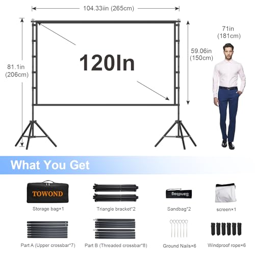 Outdoor Projector Screen with Stand, TOWOND 120 inch Portable Movie Screen, 16:9 HD Foldable Anti-Crease Projection Screen with Carry Bag for Home Theater Outdoor Indoor Support Double Sided
