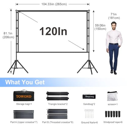 Outdoor Projector Screen with Stand, TOWOND 120 inch Portable Movie Screen, 16:9 HD Foldable Anti-Crease Projection Screen with Carry Bag for Home Theater Outdoor Indoor Support Double Sided