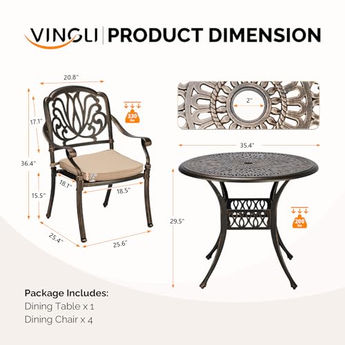 VINGLI 5-Piece Outdoor Patio Dining Set, Cast Aluminum All-Weather Outdoor Table and Chairs w/Cushion, Outdoor Furniture Set w/Umbrella Hole for Backyard Deck Poolside (Round, Elizabeth Back)