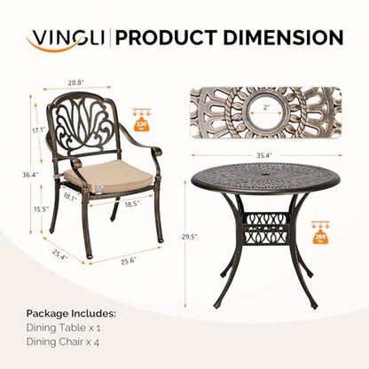 VINGLI 5-Piece Outdoor Patio Dining Set, Cast Aluminum All-Weather Outdoor Table and Chairs w/Cushion, Outdoor Furniture Set w/Umbrella Hole for Backyard Deck Poolside (Round, Elizabeth Back)