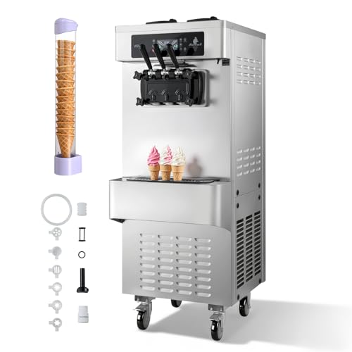 VEVOR Commercial Ice Cream Machine, 20-28L/H Yield 2200W Freestanding Soft Serve Ice Cream Maker with 3-Flavor, 2 x 6L Hoppers, Puffing Pump, Pre-Cooling Low-Mix Alert, Ideal for Snack Dessert Shop