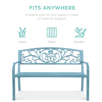 Best Choice Products Outdoor Bench Steel Garden Patio Porch Furniture for Lawn, Park, Deck w/Floral Design Backrest, Slatted Seat - Sky Blue