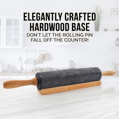 Zulay Kitchen 17-Inch Marble Rolling Pin With Stand - Polished Marble Rolling Pins For Baking - Long Rolling Pin Marble With Beechwood Handle - Non-stick Roller Pin For Baking Pastries, Bread & Pizza