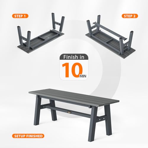 VINGLI 47” Outdoor Bench Garden Bench HDPE Porch Bench w/Metal Legs, Poly Lumber Patio Bench, 660 LBS Capacity Outdoor Backless Bench(Grey)