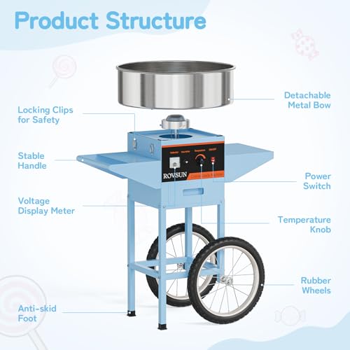 ROVSUN 21 Inch Cotton Candy Machine Cart, Commercial Cotton Candy Maker Machine Candy Floss Machine w/Stainless Steel Bowl, Sugar Scoop and Large Storage Drawer for Home Party Carnival, Blue