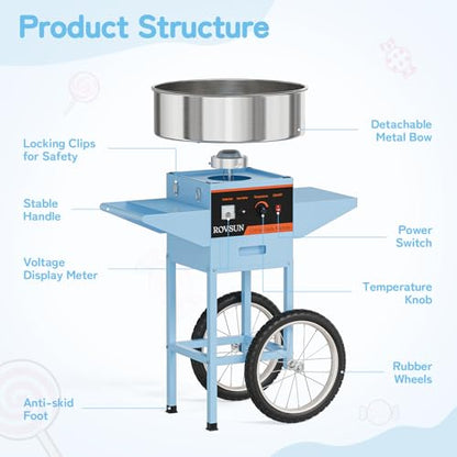 ROVSUN 21 Inch Cotton Candy Machine Cart, Commercial Cotton Candy Maker Machine Candy Floss Machine w/Stainless Steel Bowl, Sugar Scoop and Large Storage Drawer for Home Party Carnival, Blue