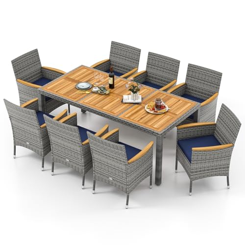 Tangkula 9 Pieces Rattan Outdoor Dining Set for 8, Outdoor Acacia Wood Table Set with 8 Cushioned Wicker Chairs, Umbrella Hole, Patio Dining Furniture Set for Deck Pool Backyard