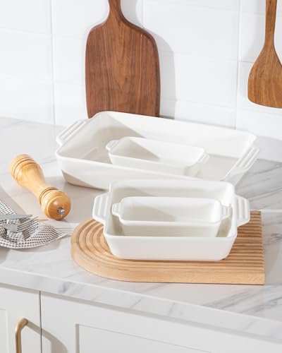 Sweejar Ceramic Bakeware Set of 4, Casserole Dishes for Oven, Rectangular Baking Dish with Handles, Lasagna Pans Deep for Cooking, Gratin, Roasting, Banquet and Daily Use (White)