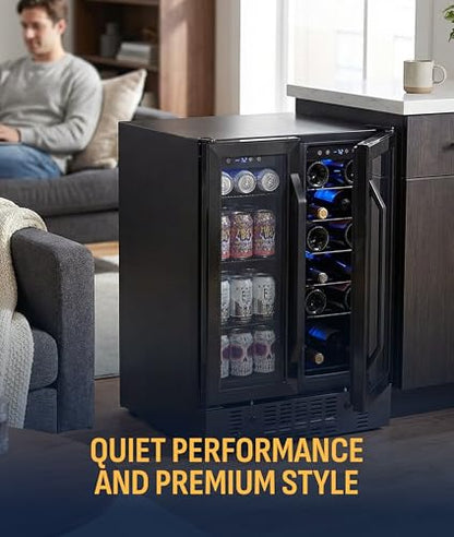 NewAir 24" Dual Zone Beverage Refrigerator & Wine Cooler for 18 Bottles & 58 Cans | Freestanding or Built-In Under Counter Mini Fridge for Beer, Wine and Soda | Black Stainless Steel
