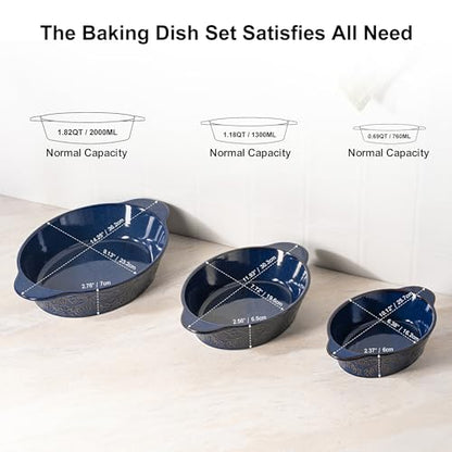 Dafuceramic Casserole Dishes for Oven Sets of 3, Ceramic Oval Baking Dish, Au Gratin Baking Pans with Handles for Roasting, Lasagna, Pie, Baking Meat & Vegetables, Blue