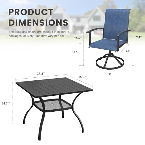 ARKOST 5 Pieces Patio Dining Set, Outdoor Furniture of 37.8" Square Patio Table and Patio Swivel Chairs for Backyard Lawn Garden, Black Table and Dark Blue Chairs